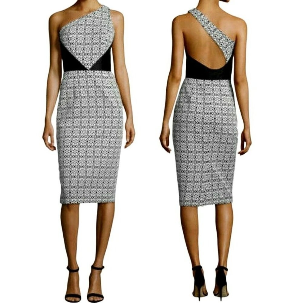 NWT Theia Black White One Shoulder Laser Cut Mikado Asymetrical Sheath Dress 8